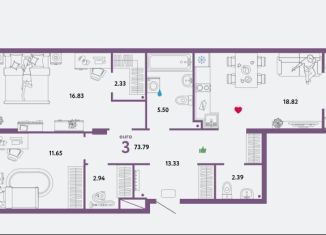 Продается 3-комнатная квартира, 73.8 м2, Тюмень, ЖК Колумб, улица Первооткрывателей, 14