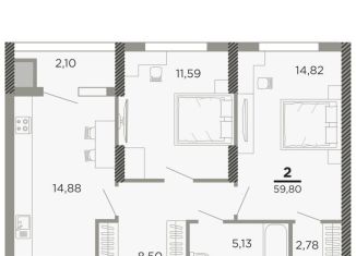 Продаю двухкомнатную квартиру, 59.8 м2, Рязань, Совхозная улица, 6, ЖК Мартовский