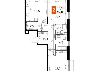 Продам 2-комнатную квартиру, 59.6 м2, деревня Бородино, Малая Бородинская улица, 1к7