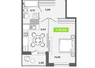 Продам 1-комнатную квартиру, 35.7 м2, городской посёлок Янино-1