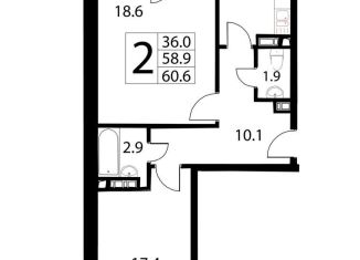 2-комнатная квартира на продажу, 60.6 м2, посёлок Развилка, жилой комплекс Три Квартала, к10, ЖК Три Квартала