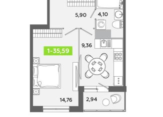 1-комнатная квартира на продажу, 35.6 м2, Ленинградская область