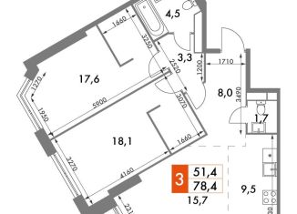 3-комнатная квартира на продажу, 78.4 м2, Москва, ЖК Архитектор, улица Академика Волгина, 2с3