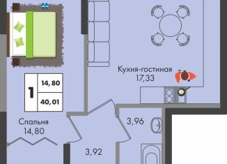 1-комнатная квартира на продажу, 40 м2, Краснодар, улица имени Генерала Брусилова, 5лит1.2
