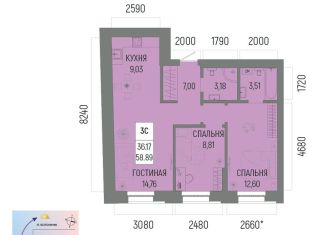 Продаю 3-комнатную квартиру, 58.9 м2, Уфа, Октябрьский район, улица Энтузиастов, 2