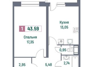 Продается однокомнатная квартира, 43.6 м2, Мурино