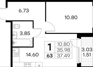 Продается 1-комнатная квартира, 37.5 м2, посёлок Парголово