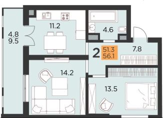 Продажа двухкомнатной квартиры, 56.1 м2, Калининград, Советский проспект, 132