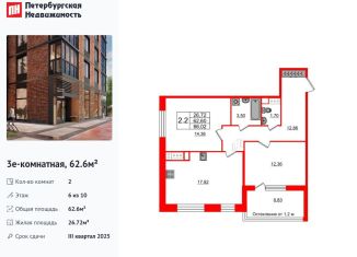 Двухкомнатная квартира на продажу, 62.6 м2, Санкт-Петербург, Кубинская улица, 76к3, метро Московская