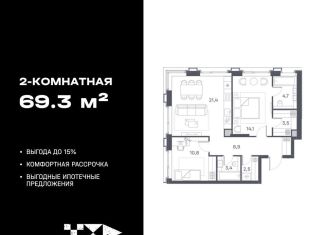 2-комнатная квартира на продажу, 69.3 м2, Москва