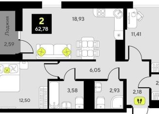 2-ком. квартира на продажу, 62.8 м2, Тюмень