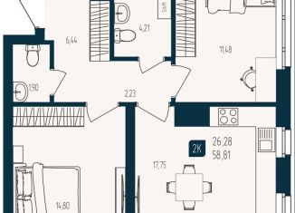 Продам 2-комнатную квартиру, 58.8 м2, Тюмень