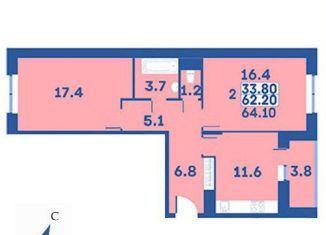 Продажа 2-комнатной квартиры, 64.1 м2, деревня Рогозинино