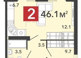 2-ком. квартира на продажу, 46.1 м2, Пензенская область, Фонтанная улица, с70