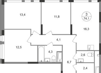 Продается трехкомнатная квартира, 74.1 м2, Москва