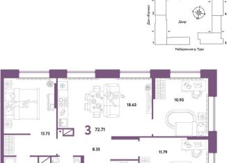 Продаю 3-ком. квартиру, 72.7 м2, Тюмень, Центральный округ