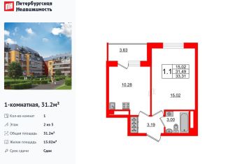 1-комнатная квартира на продажу, 31.2 м2, Санкт-Петербург, муниципальный округ Пулковский Меридиан, Меридианная улица, 4