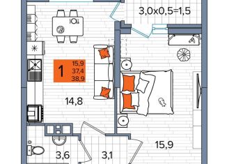 Продается однокомнатная квартира, 38.9 м2, Краснодар, улица Западный Обход, 65/1