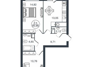 Продается двухкомнатная квартира, 60.9 м2, Тверь