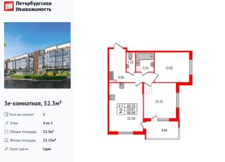 Продаю 2-комнатную квартиру, 52.3 м2, Санкт-Петербург, Пулковское шоссе, 95к3, муниципальный округ Пулковский Меридиан