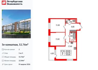 Продам 2-комнатную квартиру, 52.8 м2, Санкт-Петербург, Московский район