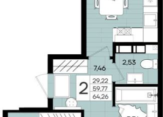 Продаю двухкомнатную квартиру, 64.3 м2, Краснодар, Прикубанский округ