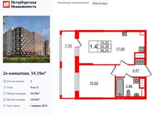 Продается 1-ком. квартира, 34.4 м2, Санкт-Петербург, метро Елизаровская, Октябрьская набережная, 36к4