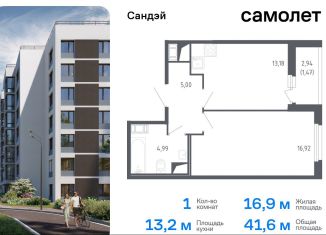 1-комнатная квартира на продажу, 41.6 м2, Санкт-Петербург, метро Проспект Ветеранов, жилой комплекс Сандэй, 7.2