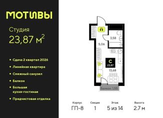 Продается квартира студия, 23.9 м2, Тюмень, улица Первооткрывателей, 15