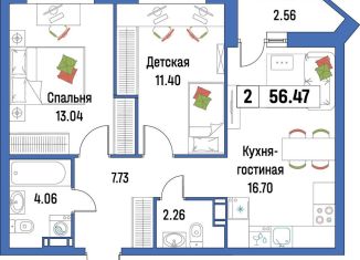 Продается двухкомнатная квартира, 56.5 м2, Ленинградская область