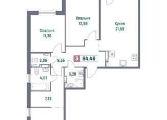 Трехкомнатная квартира на продажу, 84.5 м2, Ленинградская область, проспект Авиаторов Балтики, 23к3
