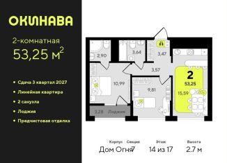 Двухкомнатная квартира на продажу, 53.3 м2, Тюмень