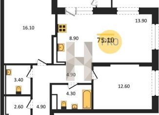 2-комнатная квартира на продажу, 75.1 м2, Новосибирск