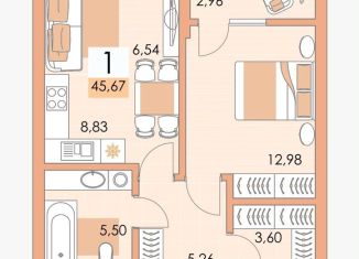 Продажа однокомнатной квартиры, 45.7 м2, Уфа