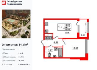 1-ком. квартира на продажу, 34.3 м2, Санкт-Петербург, метро Новочеркасская, проспект Обуховской Обороны, 36