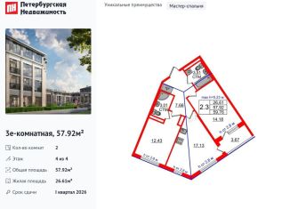 Продаю двухкомнатную квартиру, 57.9 м2, Санкт-Петербург