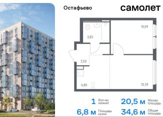 Продается 1-комнатная квартира, 34.6 м2, Москва, жилой комплекс Остафьево, к22