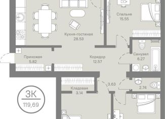 Трехкомнатная квартира на продажу, 119.7 м2, Тюмень, улица Тимофея Кармацкого, 5к2