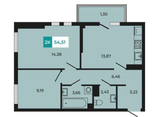 Продается 2-ком. квартира, 54.5 м2, поселок Темерницкий