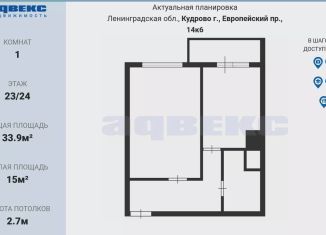 Продается однокомнатная квартира, 33.9 м2, Ленинградская область, Европейский проспект, 14к6