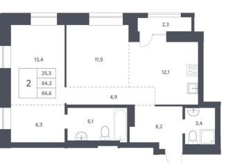 2-комнатная квартира на продажу, 66.5 м2, Новосибирск