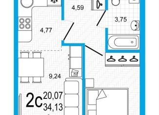 2-ком. квартира на продажу, 34.1 м2, Уфа, Дёмский район, Кустарёвская набережная, 25