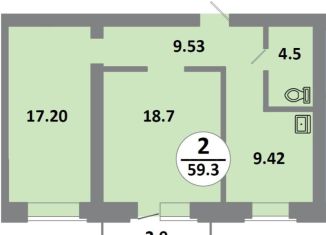 Продам 2-ком. квартиру, 59.3 м2, Красноярск, Соколовская улица, 52, Советский район