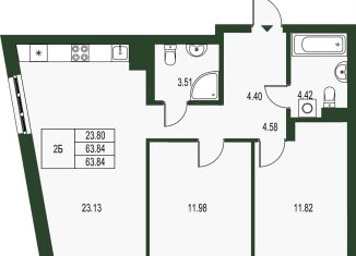 Продажа 2-ком. квартиры, 63.8 м2, Екатеринбург, ЖК Парковый Квартал, улица Цвиллинга, 7Ч