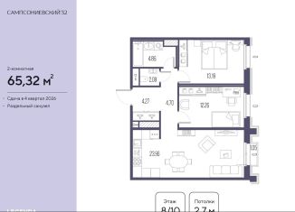 Продается 2-комнатная квартира, 65.3 м2, Санкт-Петербург, Малый Сампсониевский проспект, 2, метро Выборгская
