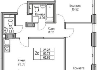 Продается 2-комнатная квартира, 59.7 м2, Санкт-Петербург, муниципальный округ Лахта-Ольгино, Ивинская улица, 1к3