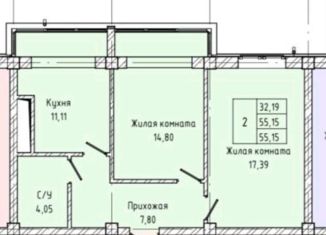 Продается 2-ком. квартира, 55.2 м2, Нальчик, Солнечная улица, 12к1