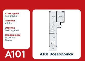 Двухкомнатная квартира на продажу, 58.9 м2, Всеволожск, микрорайон Южный, 1.3