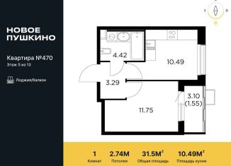 Продажа однокомнатной квартиры, 31.5 м2, Пушкино