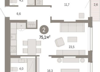 2-ком. квартира на продажу, 75.1 м2, Тюмень, Калининский округ